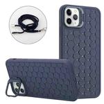 For iPhone 16 Pro Max Honeycomb Radiating Lens Holder Magsafe Phone Case with Lanyard(Blue)