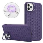 For iPhone 16 Pro Max Honeycomb Radiating Lens Holder Magsafe Phone Case with Lanyard(Purple)