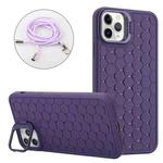 For iPhone 16 Pro Honeycomb Radiating Lens Holder Magsafe Phone Case with Lanyard(Purple)