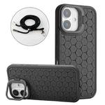 For iPhone 16 Plus Honeycomb Radiating Lens Holder Magsafe Phone Case with Lanyard(Black)