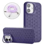 For iPhone 16 Plus Honeycomb Radiating Lens Holder Magsafe Phone Case with Lanyard(Purple)