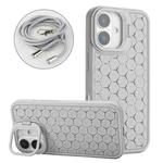 For iPhone 16 Plus Honeycomb Radiating Lens Holder Magsafe Phone Case with Lanyard(Grey)