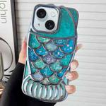 For iPhone 15 Mermaid Shape Painted Paper Embossed Electroplated TPU Phone Case(Blue)