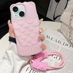 For iPhone 15 Mermaid Embossed Oil Spray TPU Phone Case with Lanyard(Pink)