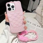 For iPhone 14 Pro Mermaid Embossed Oil Spray TPU Phone Case with Lanyard(Pink)