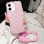 For iPhone 12 Mermaid Embossed Oil Spray TPU Phone Case with Lanyard(Pink)