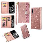 For Samsung Galaxy A70 / A70s Multi-card Slots Starry Sky Laser Carving Glitter Zipper Horizontal Flip Leather Case with Holder & Wallet & Lanyard(Rose Gold)