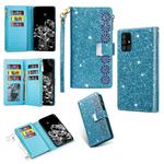 For Samsung Galaxy A71 Multi-card Slots Starry Sky Laser Carving Glitter Zipper Horizontal Flip Leather Case with Holder & Wallet & Lanyard(Sky Blue)