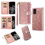 For Samsung Galaxy A51 Multi-card Slots Starry Sky Laser Carving Glitter Zipper Horizontal Flip Leather Case with Holder & Wallet & Lanyard(Rose Gold)