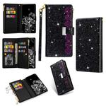 For Samsung Galaxy J6 (2018) Multi-card Slots Starry Sky Laser Carving Glitter Zipper Horizontal Flip Leather Case with Holder & Wallet & Lanyard(Black)