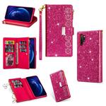 For Samsung Galaxy Note10 Multi-card Slots Starry Sky Laser Carving Glitter Zipper Horizontal Flip Leather Case with Holder & Wallet & Lanyard(Rose Red)