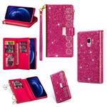 For Samsung Galaxy S9 Multi-card Slots Starry Sky Laser Carving Glitter Zipper Horizontal Flip Leather Case with Holder & Wallet & Lanyard(Rose Red)