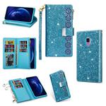 For Samsung Galaxy S9 Multi-card Slots Starry Sky Laser Carving Glitter Zipper Horizontal Flip Leather Case with Holder & Wallet & Lanyard(Sky Blue)