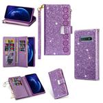 For Samsung Galaxy S10e Multi-card Slots Starry Sky Laser Carving Glitter Zipper Horizontal Flip Leather Case with Holder & Wallet & Lanyard(Purple)