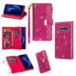 For Samsung Galaxy S10e Multi-card Slots Starry Sky Laser Carving Glitter Zipper Horizontal Flip Leather Case with Holder & Wallet & Lanyard(Rose Red)