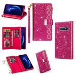 For Samsung Galaxy S10+ Multi-card Slots Starry Sky Laser Carving Glitter Zipper Horizontal Flip Leather Case with Holder & Wallet & Lanyard(Rose Red)