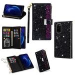 For Samsung Galaxy S20+ Multi-card Slots Starry Sky Laser Carving Glitter Zipper Horizontal Flip Leather Case with Holder & Wallet & Lanyard(Black)