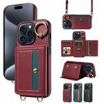 For iPhone 15 Pro Crossbodys Card Bag Ring Holder Leather Phone Case(Red)