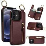 For iPhone 12 Litchi Texture Zipper Double Buckle Card Bag Phone Case(Maroon Red)