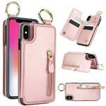 For iPhone XS / X Litchi Texture Zipper Double Buckle Card Bag Phone Case(Rose Gold)