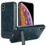 For iPhone X / XS Retro Leather Invisible Stand MagSafe Phone Case(Blue)
