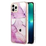 For iPhone 14 Pro Max Marble Pattern IMD Card Slot Phone Case(Pink Purple Gold)