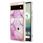 For Google Pixel 6a Marble Pattern IMD Card Slot Phone Case(Pink Purple Gold)