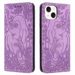 For iPhone 14 Plus Retro Elephant Embossed Leather Phone Case(Purple)