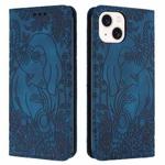 For iPhone 13 Retro Elephant Embossed Leather Phone Case(Blue)