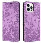 For iPhone 12 Pro Max Retro Elephant Embossed Leather Phone Case(Purple)