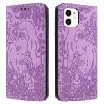 For iPhone 12 / 12 Pro Retro Elephant Embossed Leather Phone Case(Purple)