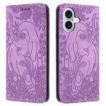 For iPhone 16 Plus Retro Elephant Embossed Leather Phone Case(Purple)