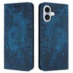 For iPhone 16 Retro Elephant Embossed Leather Phone Case(Blue)