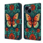 For iPhone 15 Crystal Painted Leather Phone case(Flower Butterfly)
