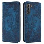 For Samsung Galaxy S21 5G Retro Elephant Embossed Leather Phone Case(Blue)