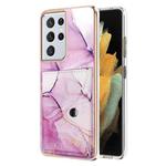 For Samsung Galaxy S21 Ultra 5G Marble Pattern IMD Card Slot Phone Case(Pink Purple Gold)