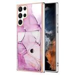 For Samsung Galaxy S22 Ultra 5G Marble Pattern IMD Card Slot Phone Case(Pink Purple Gold)