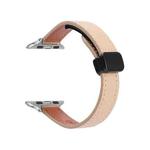 For Apple Watch SE 2023 44mm Slim Magnetic Buckle Genuine Leather Watch Band(Litchi Apricot)