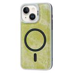 For iPhone 15 Contrast Color Denim MagSafe Magnetic Phone Case(Yellow Green)