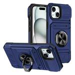For iPhone 15 TPU+PC Shockproof Card Phone Case with Metal Ring Holder(Blue)