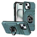 For iPhone 15 TPU+PC Shockproof Card Phone Case with Metal Ring Holder(Green)