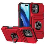 For iPhone 16 TPU+PC Shockproof Card Phone Case with Metal Ring Holder(Red)