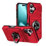 For iPhone 17 TPU+PC Shockproof Card Phone Case with Metal Ring Holder(Red)