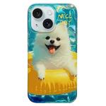 For iPhone 15 Double Sided IMD Full Coverage TPU Phone Case(Yellow Swimming Ring Pomeranian)