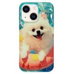 For iPhone 14 Double Sided IMD Full Coverage TPU Phone Case(Pink Swimming Ring Pomeranian)