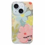 For iPhone 15 Double Sided IMD Full Coverage TPU Phone Case(Pink Blue Flowers)