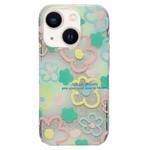 For iPhone 14 Double Sided IMD Full Coverage TPU Phone Case(Hook Line Pink Yellow Blue Flowers)