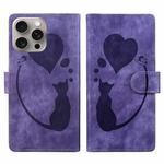 For iPhone 15 Pro Max Pen Heart Cat Embossed Leather Phone Case(Purple)