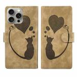 For iPhone 15 Pro Pen Heart Cat Embossed Leather Phone Case(Apricot)