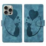 For iPhone 15 Pro Pen Heart Cat Embossed Leather Phone Case(Blue)